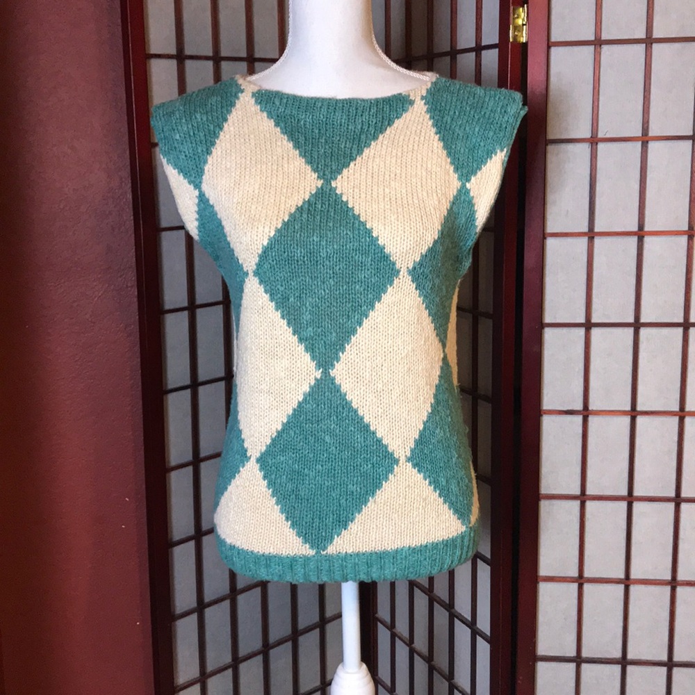 VTG J.G. Hook Irish Linen White Turquoise Sweater